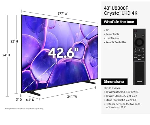 Samsung 43 Inch Smart TV 2025 Class U8000 Series Crystal UHD 4K Smart Tizen TV with Bluetooth, Motion Xcelerator(Renewed)