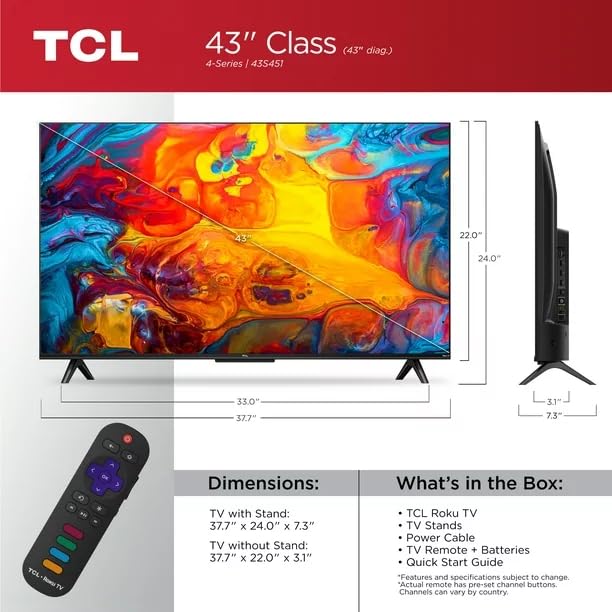TCL 43S451 43" Class 4 Series 4K UHD HDR LED Smart Roku TV Works with Siri, Alexa, and Hey Google (Renewed)