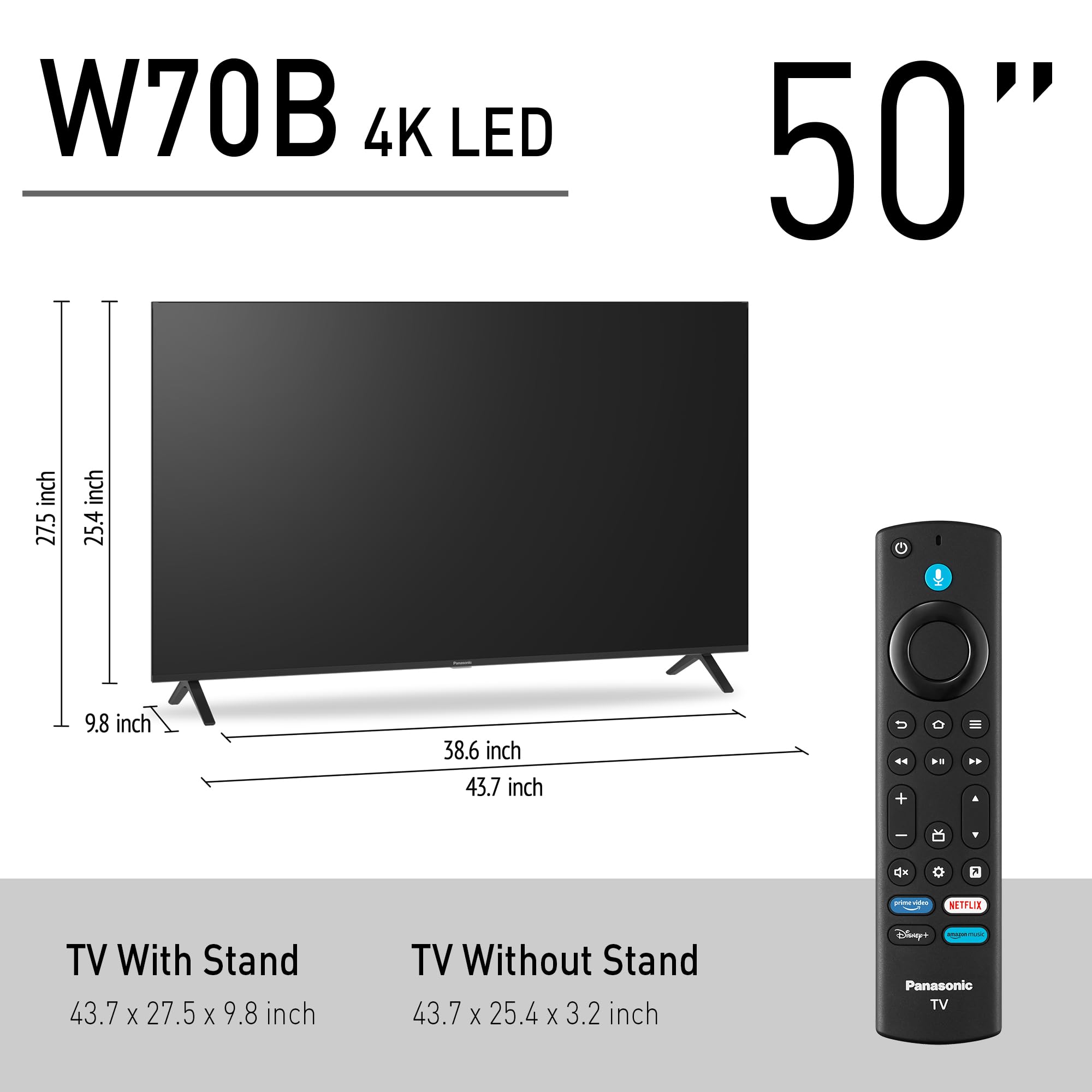 Panasonic W70 Series (2025 Model) 43" LED 4K Ultra HD Smart Fire TV, Press & Ask Alexa, Apple AirPlay, HDR10+, HDMI 2.1, and Bluetooth Support - 43W70BP