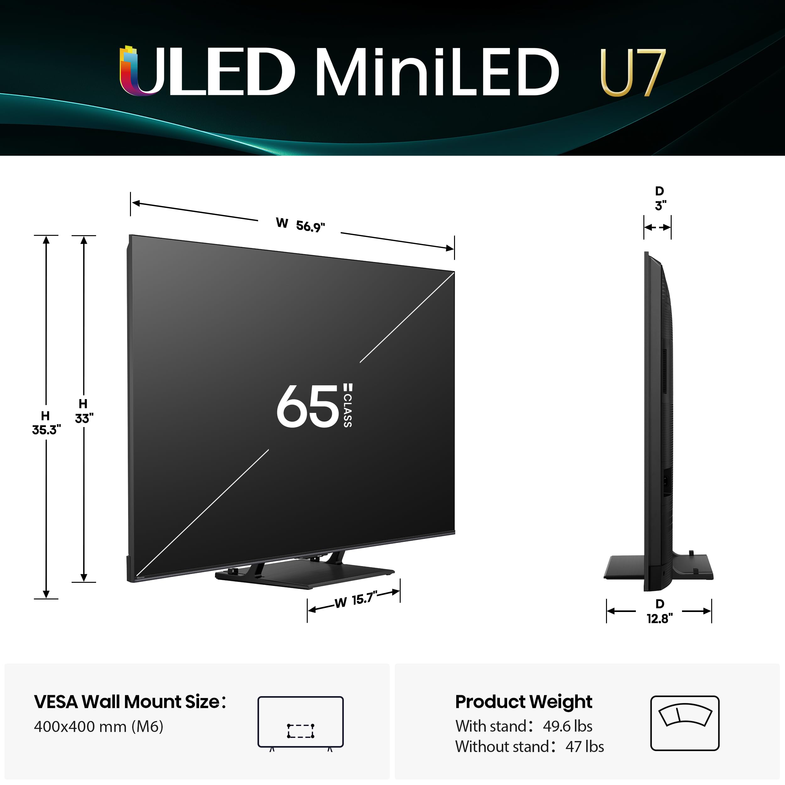 Hisense 65" U7 Mini-LED ULED 4K UHD Best Premium Gaming Google Smart TV (65U75QG, 2025 Model) - QLED, Native 165Hz, VRR 288, Up to 3000 Nits, HDR10+, Dolby Vision IQ · Atmos, IMAX Enhanced, 2.1.2 Ch