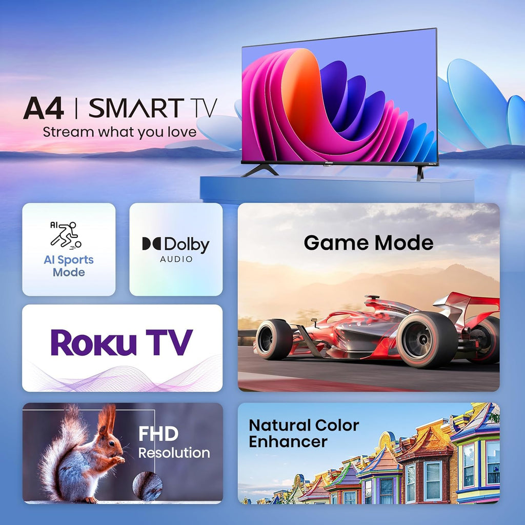 Hisense 32-Inch Class A4 Series HD 720p Smart Roku TV with Alexa Compatibility (32A4HNR) - Dolby Audio, Slim Bezel Design, Google Assistant