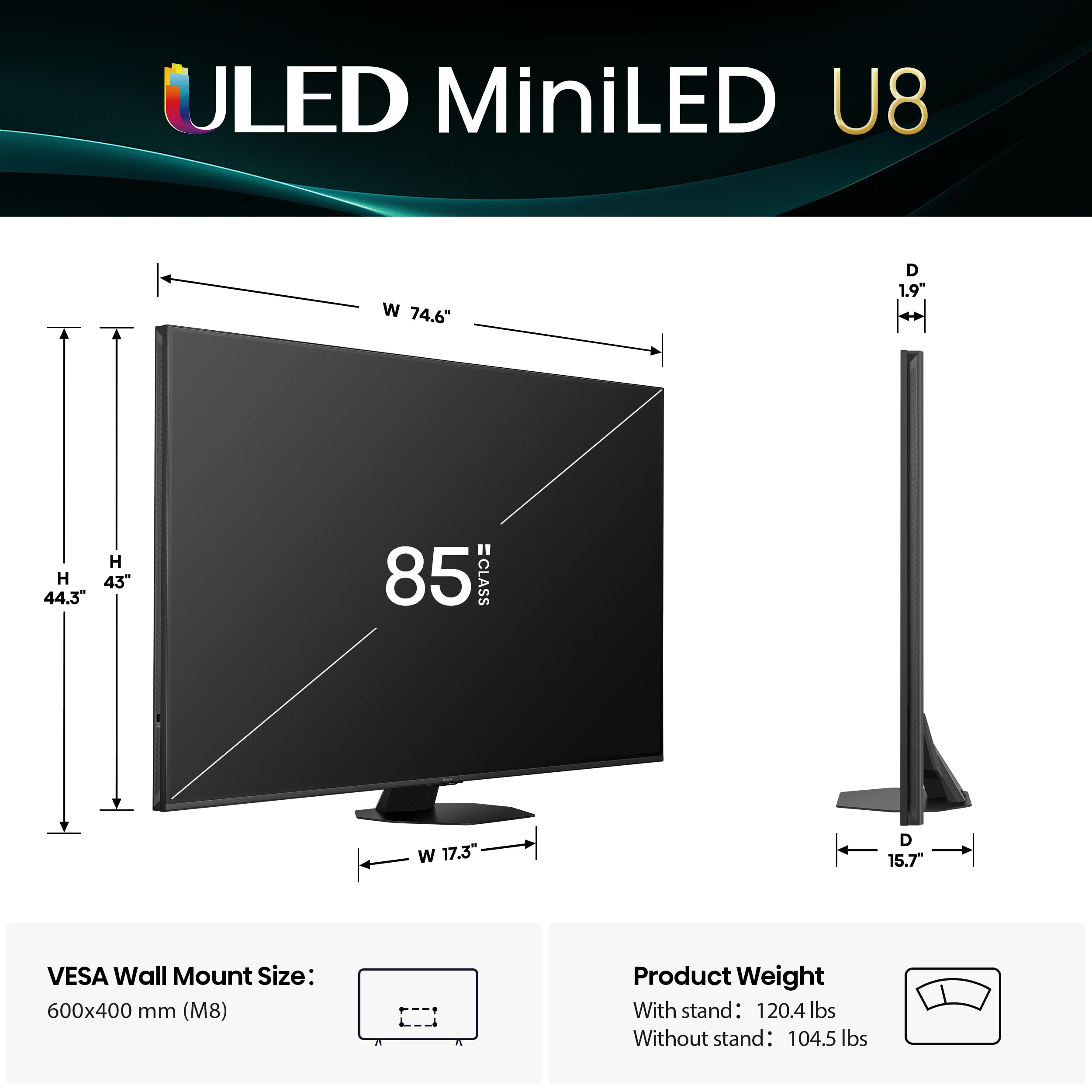Hisense 55" Class U8 Mini-LED ULED 4K UHD Google Smart TV (55U8QG, 2025 Model) - QLED, Native 165Hz, VRR 288, Up to LD5600, 5000 Nits, HDR10+, Dolby Vision IQ · Atmos, IMAX Enhanced, 4.1.2 Ch Audio
