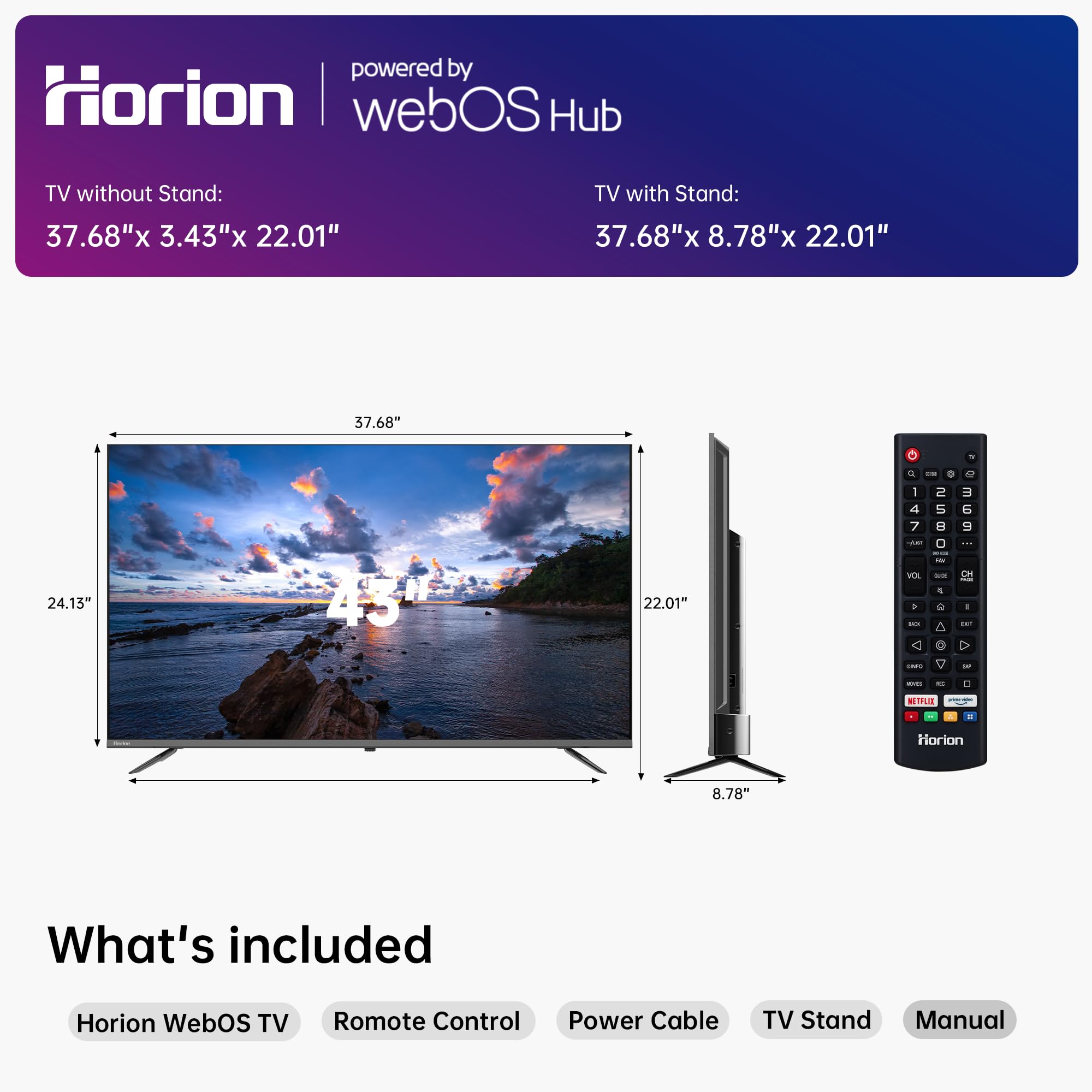 HORION 43 inch Smart TV, 4K UHD LED TV with WebOS 22, Ultra Slim Television with Mega Contrast, HDR10, Dolby Audio - Streaming Live, Bluetooth, Hdmi, WiFi ((P6D Series, 2025)