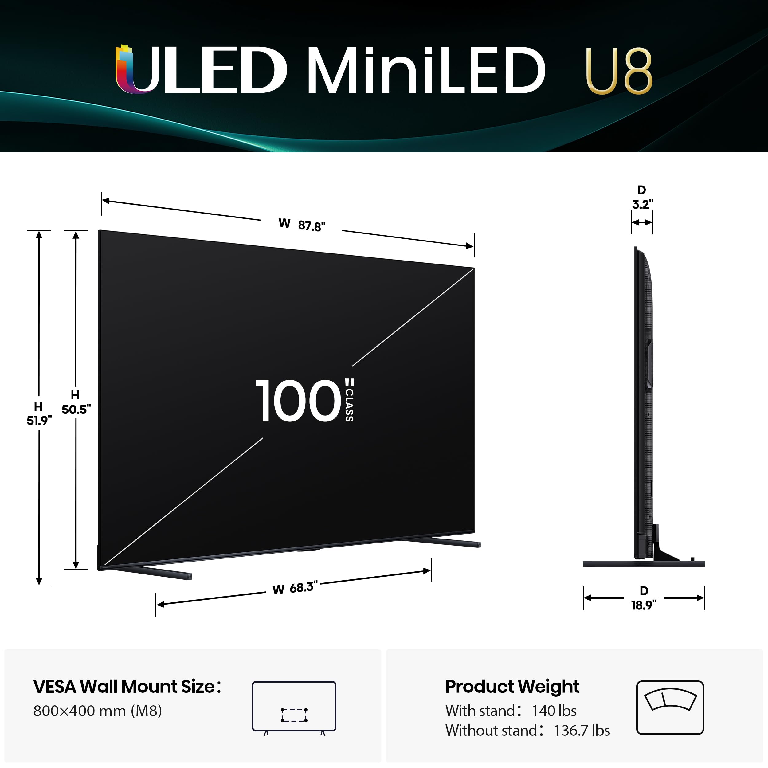 Hisense 55" Class U8 Mini-LED ULED 4K UHD Google Smart TV (55U8QG, 2025 Model) - QLED, Native 165Hz, VRR 288, Up to LD5600, 5000 Nits, HDR10+, Dolby Vision IQ · Atmos, IMAX Enhanced, 4.1.2 Ch Audio