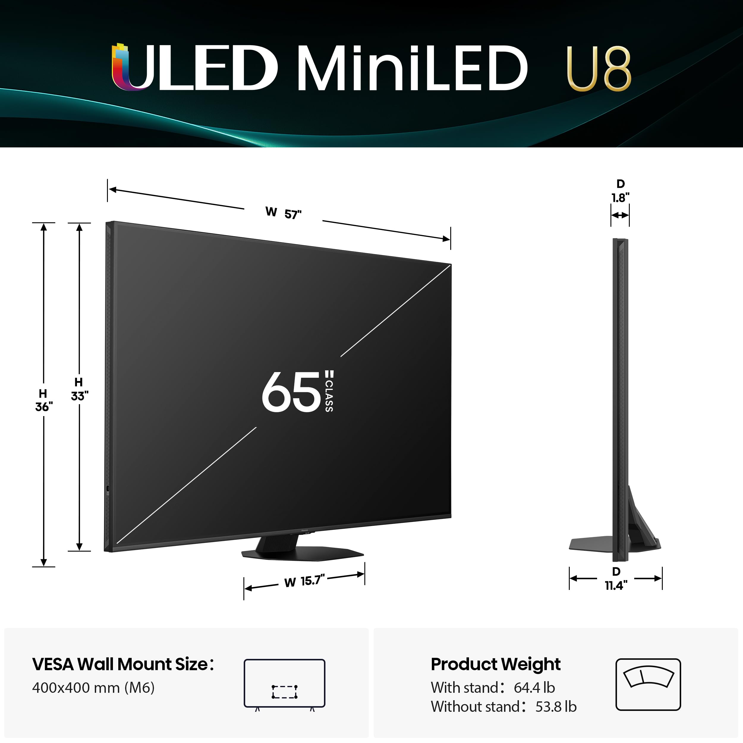 Hisense 55" Class U8 Mini-LED ULED 4K UHD Google Smart TV (55U8QG, 2025 Model) - QLED, Native 165Hz, VRR 288, Up to LD5600, 5000 Nits, HDR10+, Dolby Vision IQ · Atmos, IMAX Enhanced, 4.1.2 Ch Audio