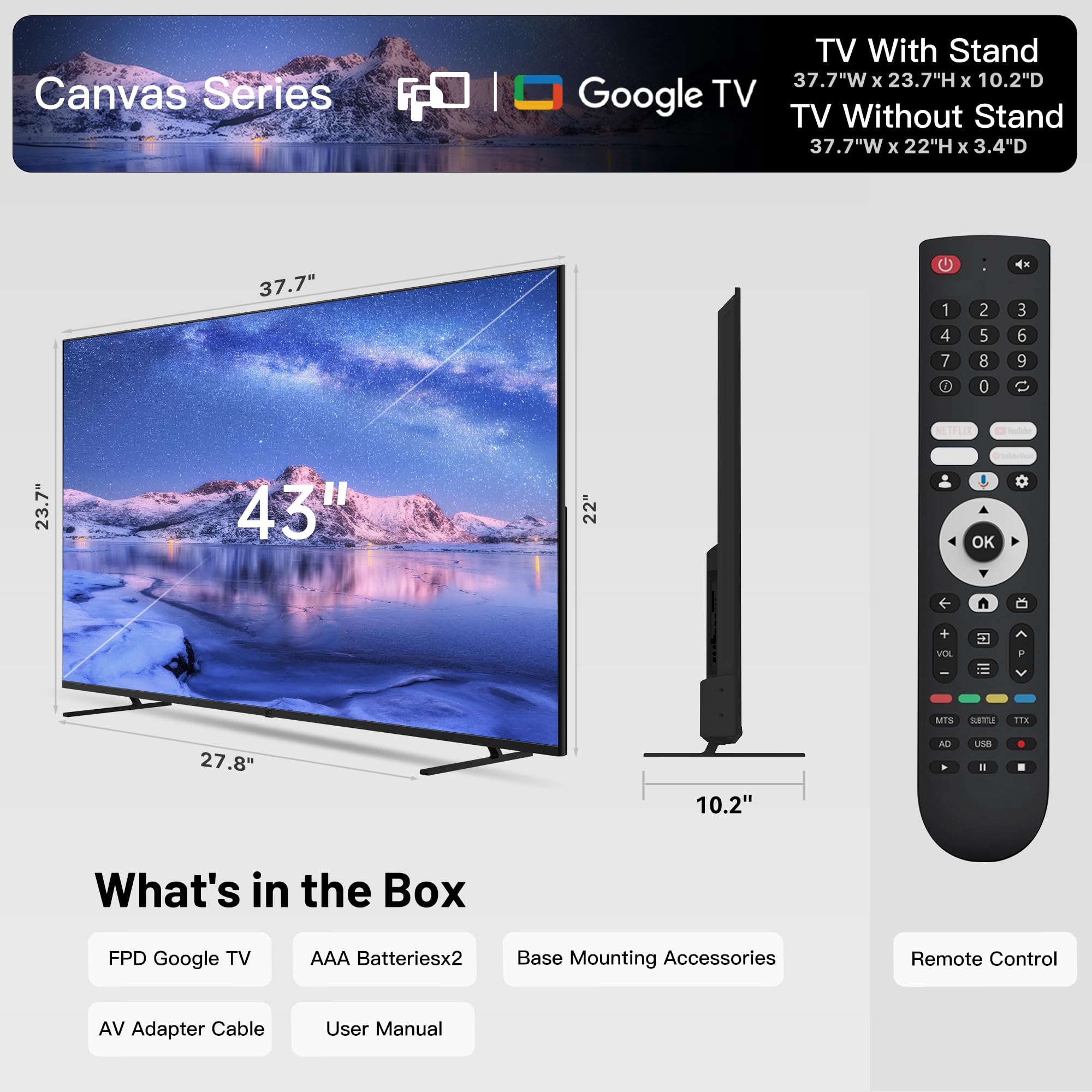 FPD 43 Inch Smart TV, 4K UHD LED Flat Screen Google TV with Google Cast, Bluetooth, HDMI, Streaming Live, HDR 10, Dolby Vision, Ultra Slim Television(Canvas-Series, CG43-C3, 2025)
