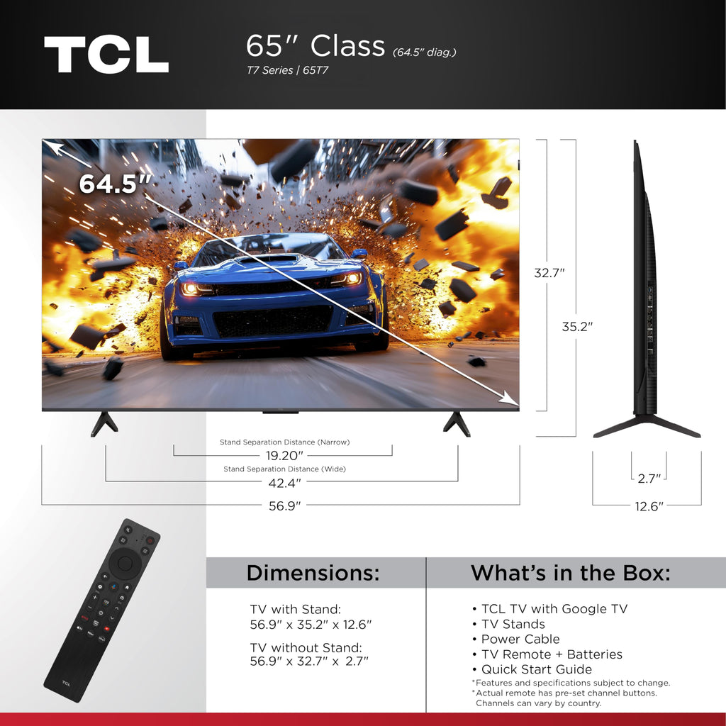 TCL 65 Inch Class T7 Series | 4K QLED HDR | 65T7, 2025 Model | 120HZ-144HZ High Brightness Smart Google TV Dolby Atmos Audio | Voice Remote Alexa Gaming Streaming Television