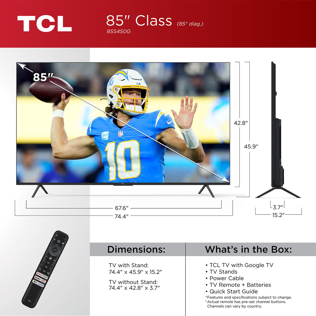 TCL 43-Inch Class S4 4K LED Smart TV with Google TV (43S450G, 2023 Model), Dolby Vision, HDR Pro, Dolby Atmos, Google Assistant Built-in with Voice Remote, Works with Alexa, Streaming UHD Television