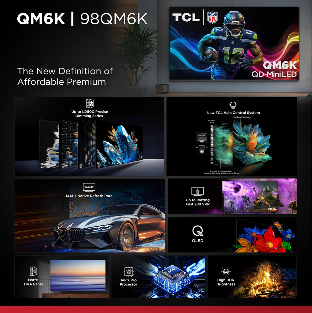 TCL 55 Inch Class QM6K Series | Mini LED QLED 4K HDR | 55QM6K, 2025 Model | 120HZ-144HZ High Brightness Smart Google TV Dolby Atmos Onkyo Audio | Voice Remote Alexa Gaming Streaming Television