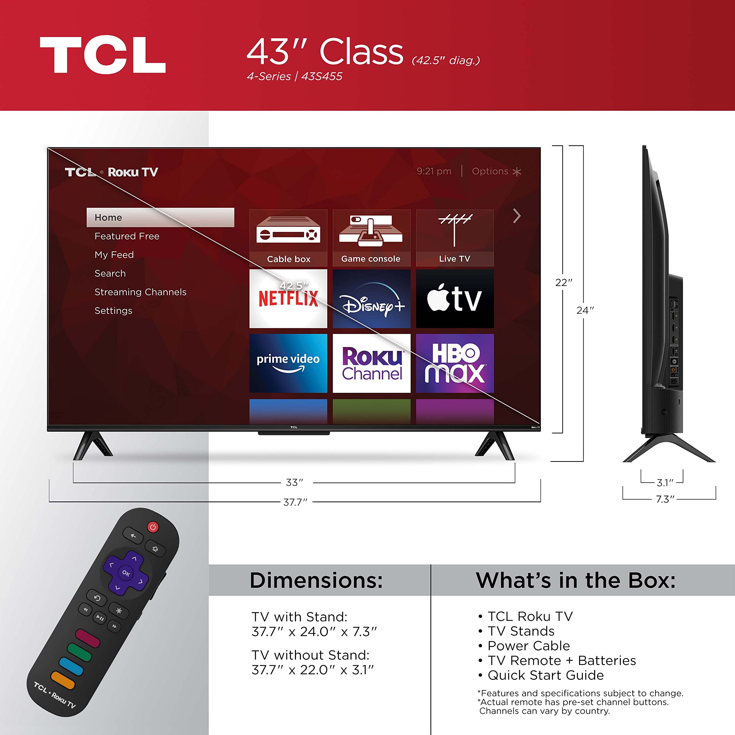 TCL 43" Class 4-Series 4K UHD HDR Smart Roku TV – 43S455