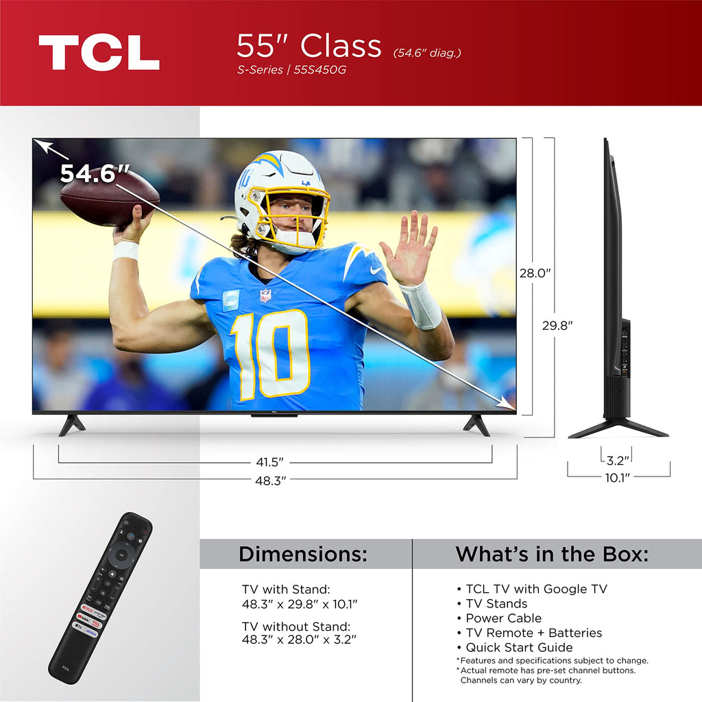 TCL 43-Inch Class S4 4K LED Smart TV with Google TV (43S450G, 2023 Model), Dolby Vision, HDR Pro, Dolby Atmos, Google Assistant Built-in with Voice Remote, Works with Alexa, Streaming UHD Television
