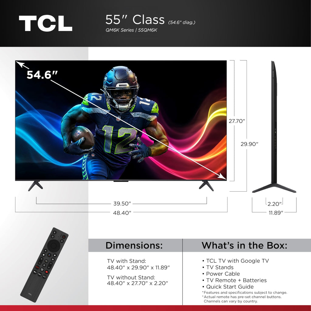 TCL 55 Inch Class QM6K Series | Mini LED QLED 4K HDR | 55QM6K, 2025 Model | 120HZ-144HZ High Brightness Smart Google TV Dolby Atmos Onkyo Audio | Voice Remote Alexa Gaming Streaming Television