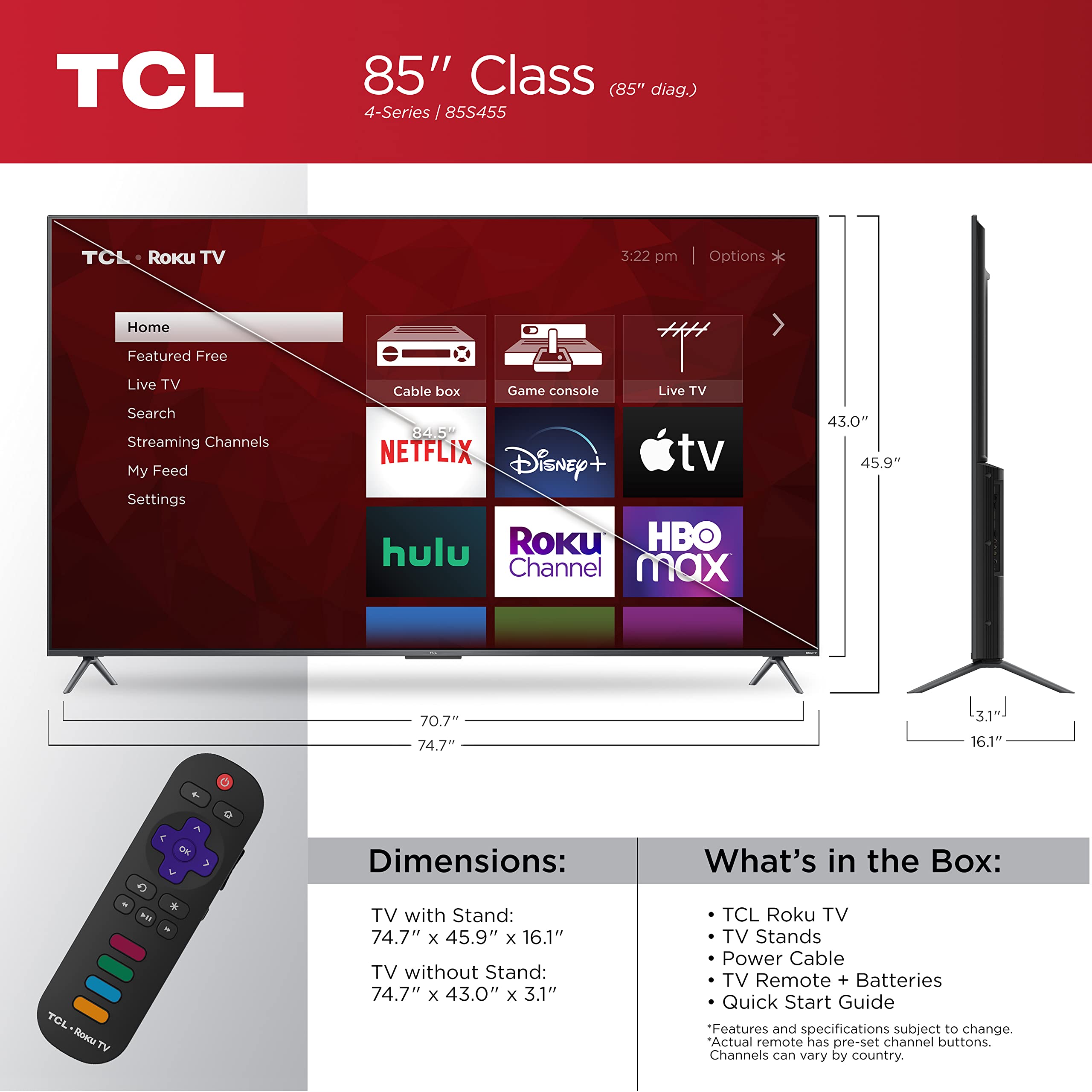 TCL 43" Class 4-Series 4K UHD HDR Smart Roku TV – 43S455