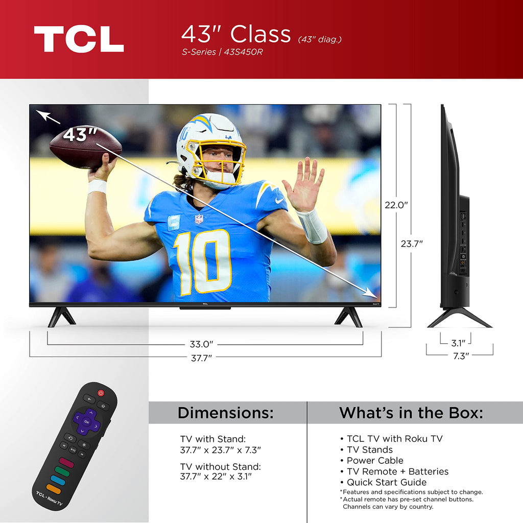 TCL 43-Inch Class S4 4K LED Smart TV with Roku TV (43S450R, 2023 Model), Dolby Vision, HDR, Dolby Atmos, Works with Alexa, Google Assistant and Apple HomeKit Compatibility, Streaming UHD Television