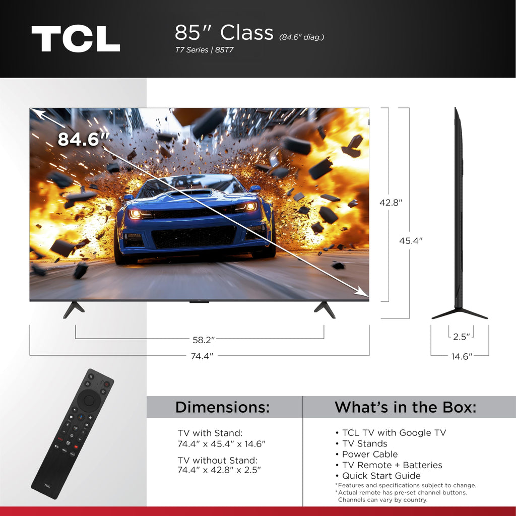 TCL 65 Inch Class T7 Series | 4K QLED HDR | 65T7, 2025 Model | 120HZ-144HZ High Brightness Smart Google TV Dolby Atmos Audio | Voice Remote Alexa Gaming Streaming Television
