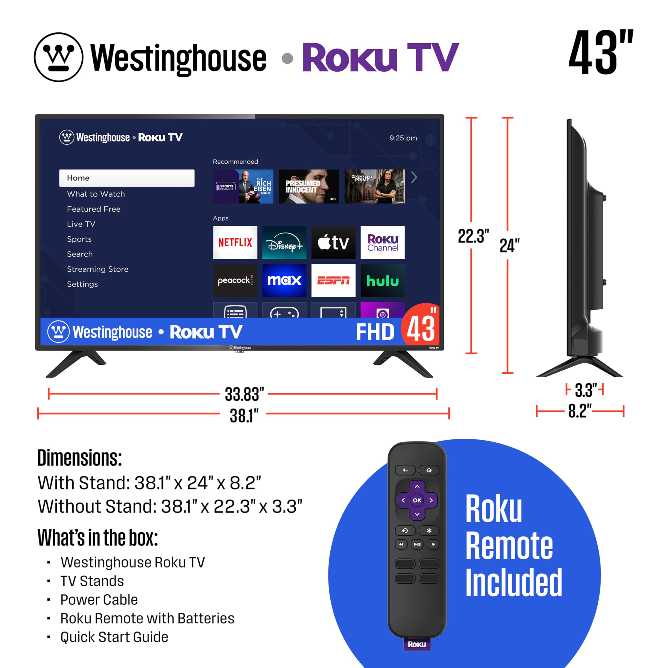 Westinghouse Roku TV - 40 Inch Smart TV, 1080P FHD Television with Wi-Fi Connectivity and Mobile App, Flat Screen, Bluetooth, Compatible with Apple AirPlay, Alexa and Google Assistant