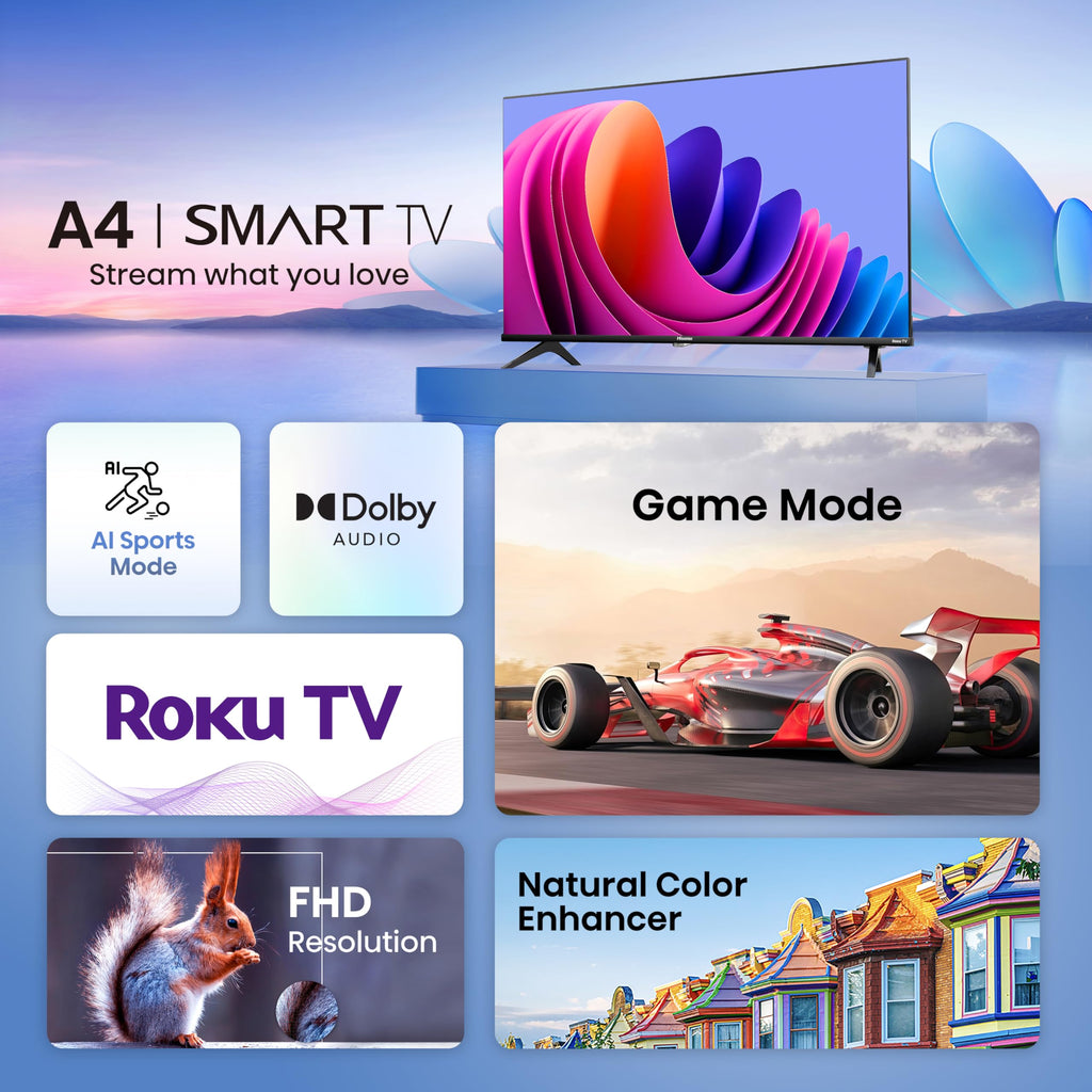 Hisense 32-Inch Class A4 Series HD 720p Smart Roku TV with Alexa Compatibility (32A4HNR) - Dolby Audio, Slim Bezel Design, Google Assistant