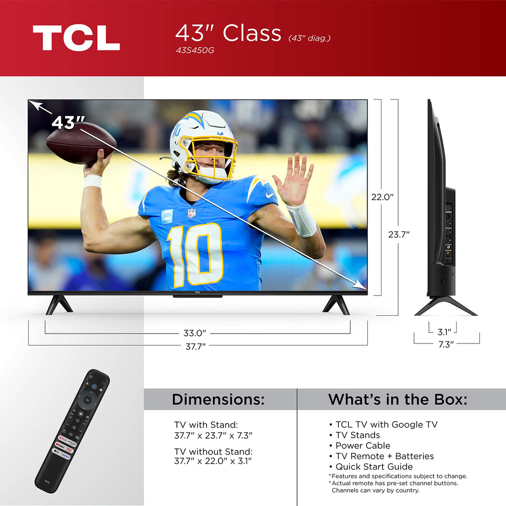TCL 43-Inch Class S4 4K LED Smart TV with Google TV (43S450G, 2023 Model), Dolby Vision, HDR Pro, Dolby Atmos, Google Assistant Built-in with Voice Remote, Works with Alexa, Streaming UHD Television