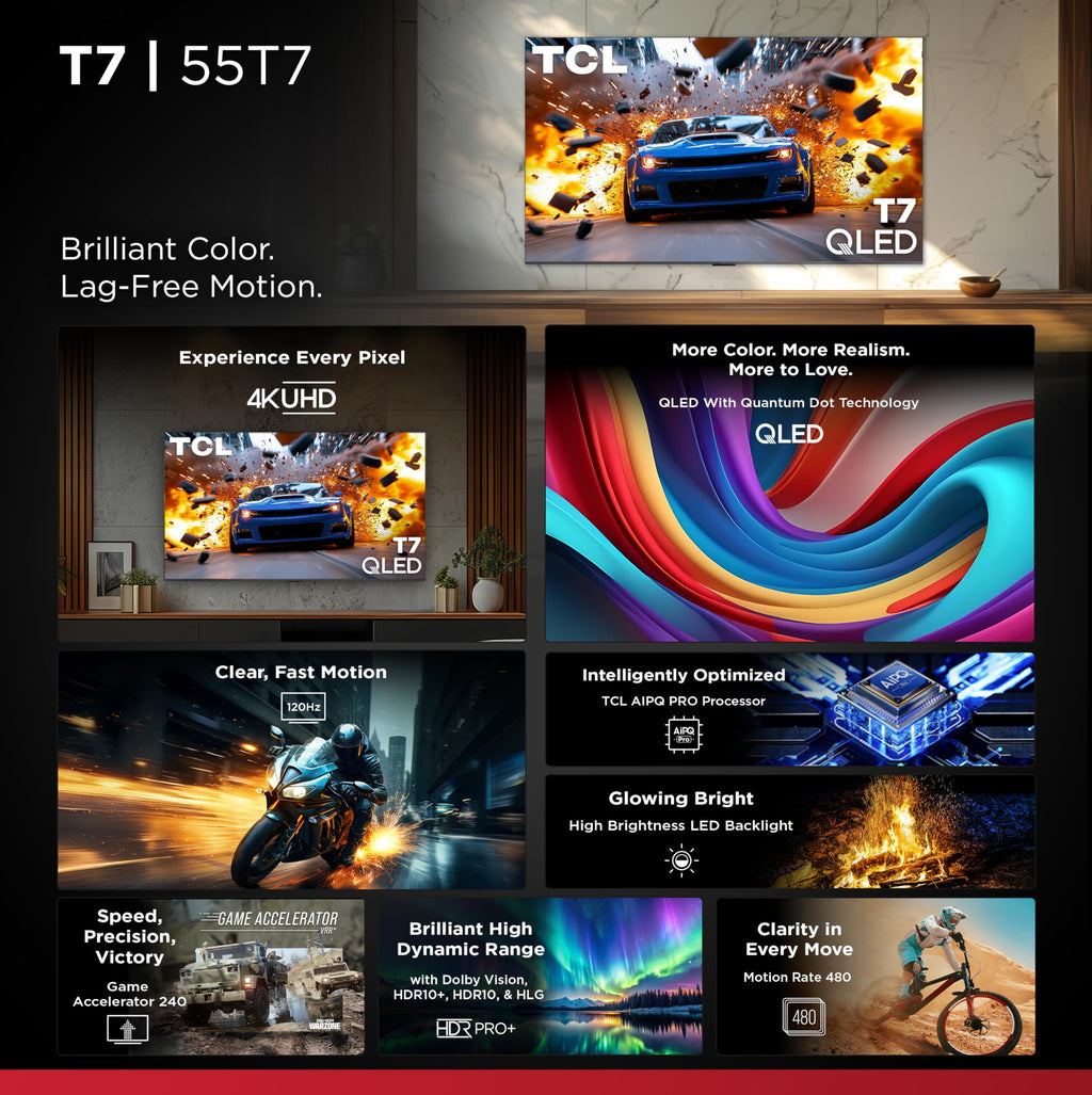 TCL 65 Inch Class T7 Series | 4K QLED HDR | 65T7, 2025 Model | 120HZ-144HZ High Brightness Smart Google TV Dolby Atmos Audio | Voice Remote Alexa Gaming Streaming Television