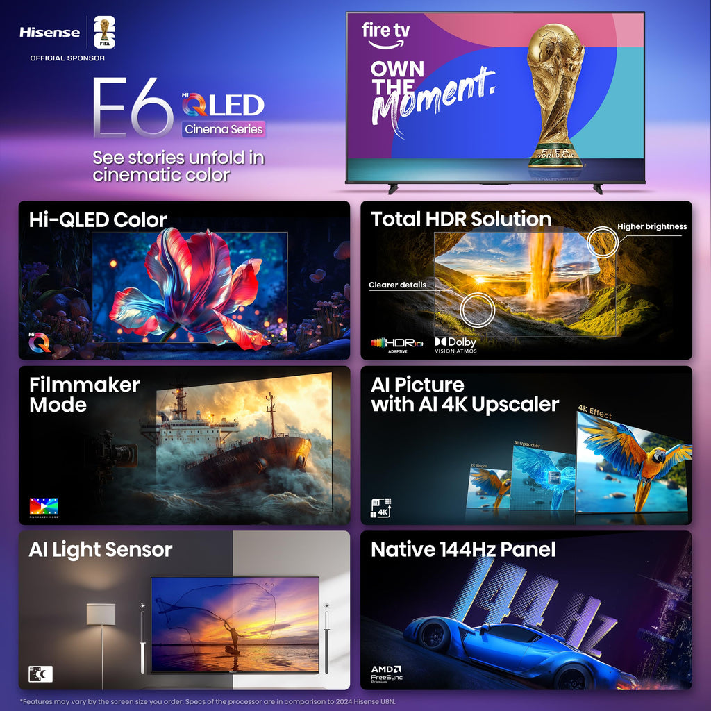Hisense 43" E6 Cinema Series Hi-QLED 4K UHD Smart Fire TV (43E6QF, 2025 Model) - AI Light Sensor, Dolby Vision · Atmos, Voice Remote with Alexa, Motion Rate 120, HDR 10+ Adaptive, Game Mode Plus