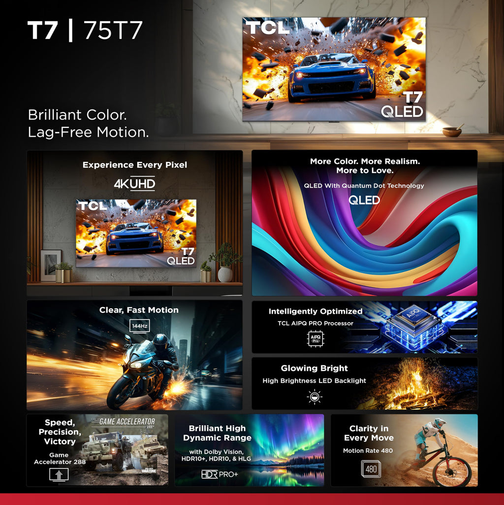 TCL 65 Inch Class T7 Series | 4K QLED HDR | 65T7, 2025 Model | 120HZ-144HZ High Brightness Smart Google TV Dolby Atmos Audio | Voice Remote Alexa Gaming Streaming Television