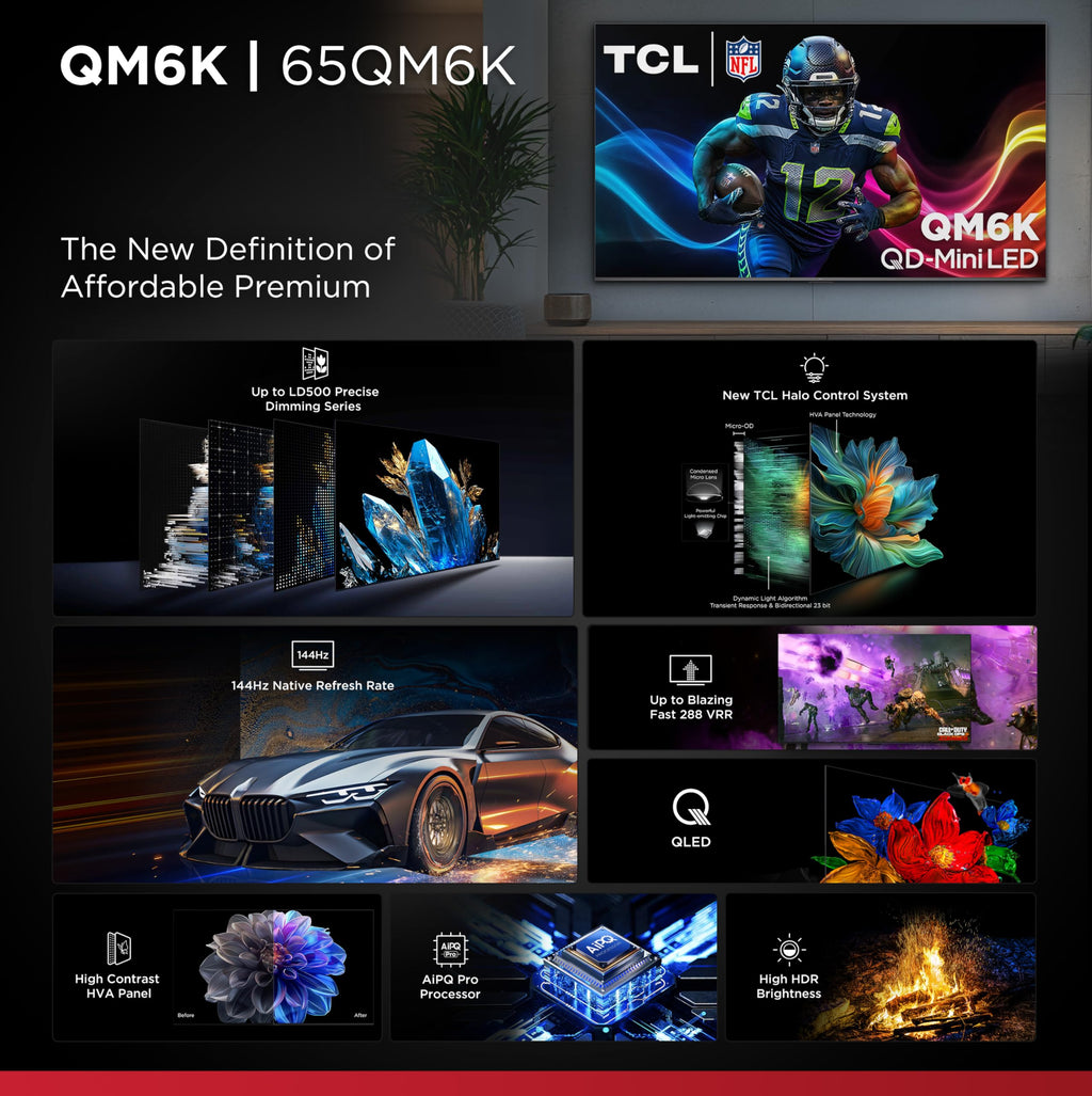 TCL 55 Inch Class QM6K Series | Mini LED QLED 4K HDR | 55QM6K, 2025 Model | 120HZ-144HZ High Brightness Smart Google TV Dolby Atmos Onkyo Audio | Voice Remote Alexa Gaming Streaming Television