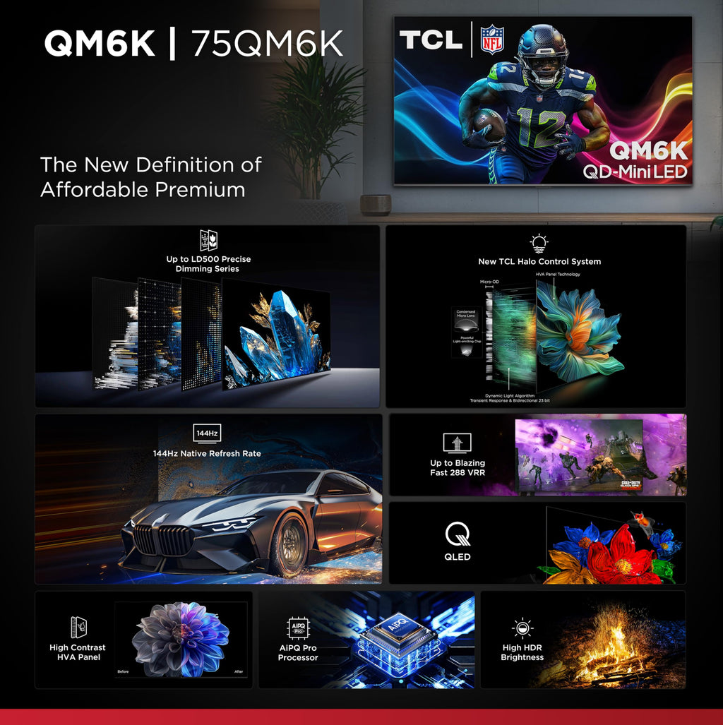 TCL 55 Inch Class QM6K Series | Mini LED QLED 4K HDR | 55QM6K, 2025 Model | 120HZ-144HZ High Brightness Smart Google TV Dolby Atmos Onkyo Audio | Voice Remote Alexa Gaming Streaming Television