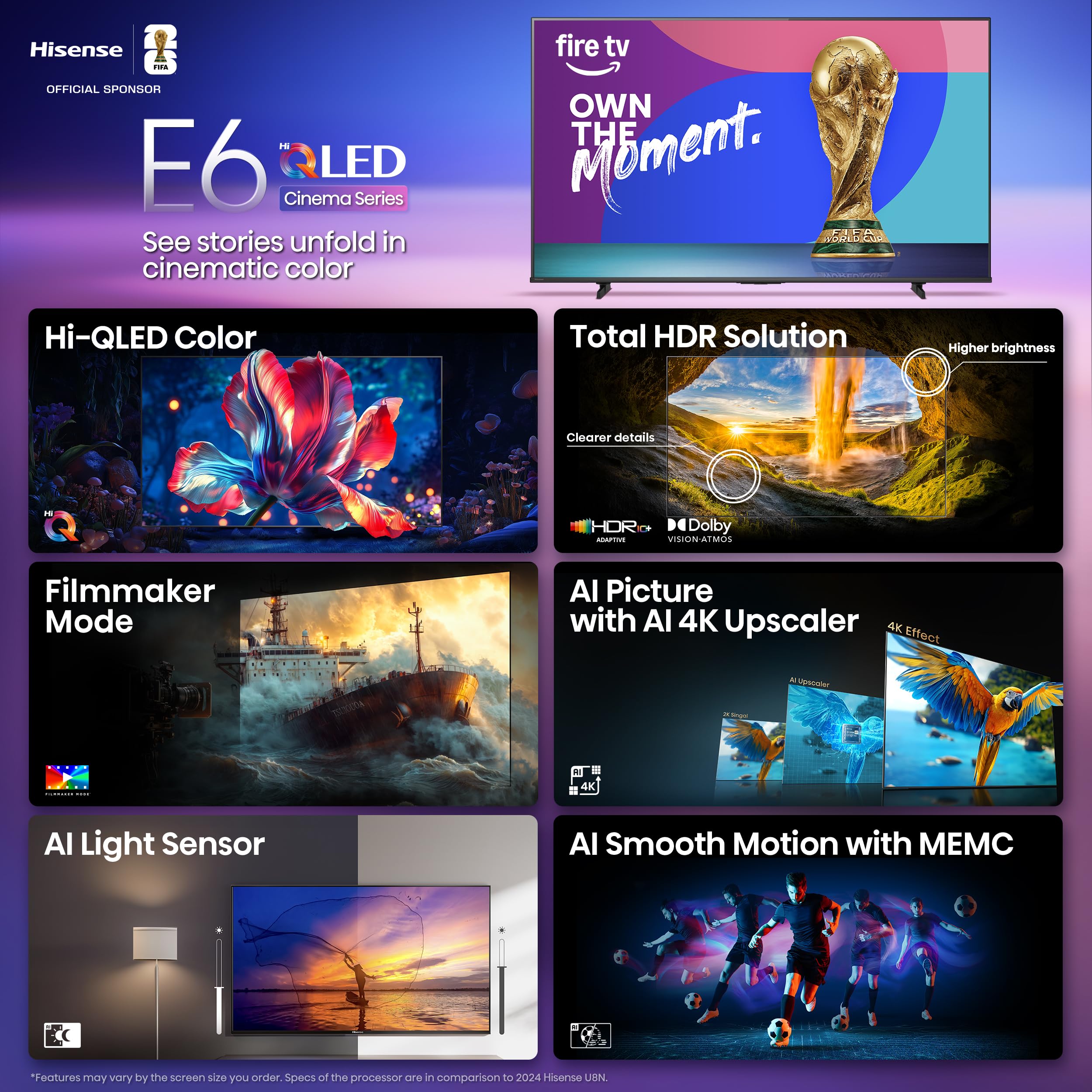 Hisense 43" E6 Cinema Series Hi-QLED 4K UHD Smart Fire TV (43E6QF, 2025 Model) - AI Light Sensor, Dolby Vision · Atmos, Voice Remote with Alexa, Motion Rate 120, HDR 10+ Adaptive, Game Mode Plus